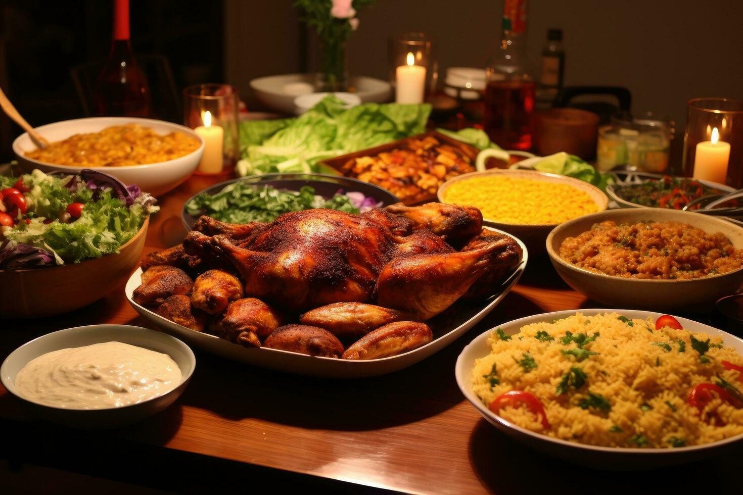 ai genererad traditionell turkiska och grekisk middag aptitretare tabell med rostad Kalkon, couscous och sallader, en tabell av mat Inklusive kyckling, ris, och Övrig mat, ai genererad foto