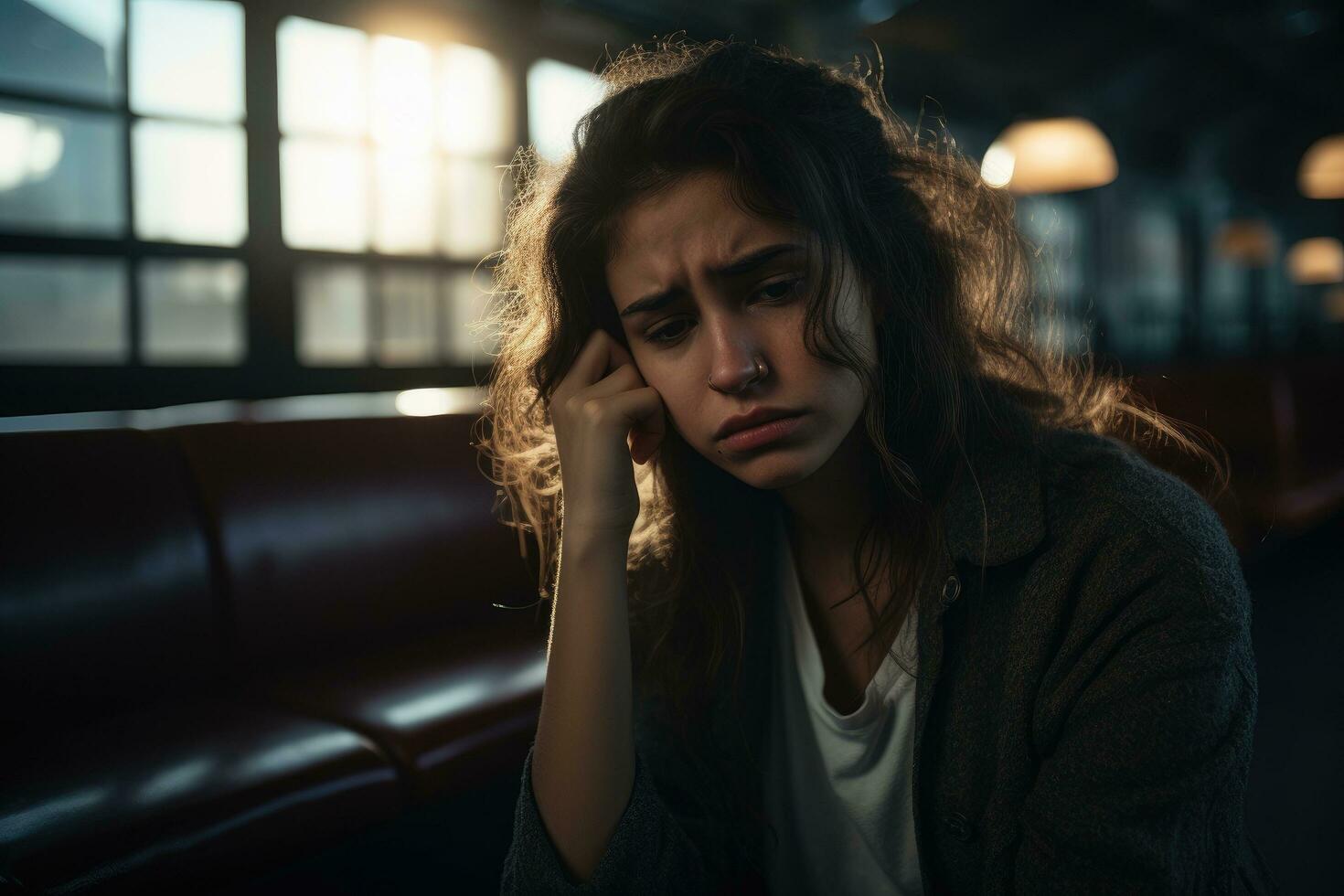 ai genererad porträtt av deprimerad ung kvinna Sammanträde på soffa i Kafé på natt, en ensam ung kvinna, ser deprimerad och stressad, ai genererad foto