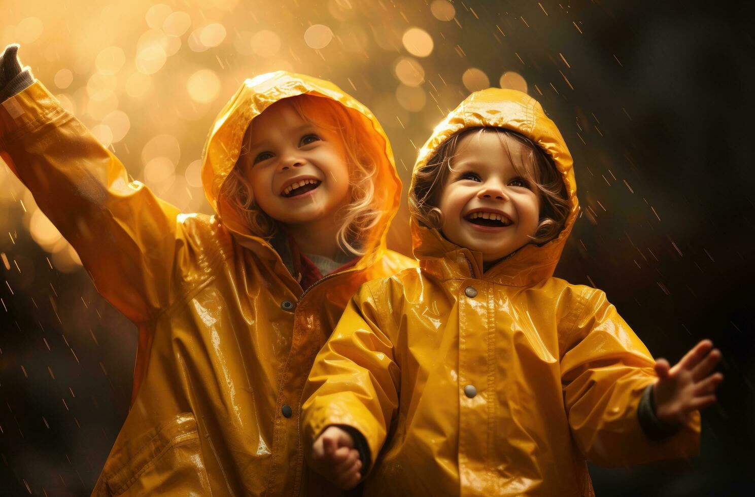 ai genererad barn i regnrockar njuter sig själva, foto
