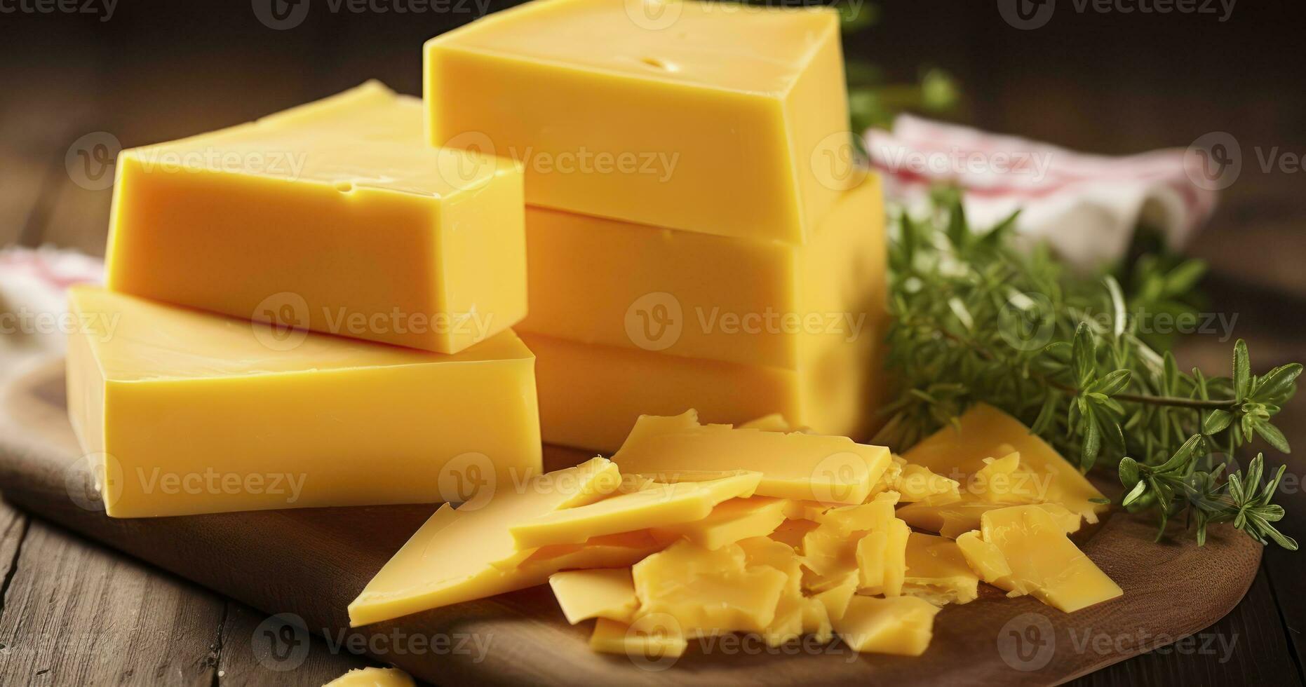ai genererad ost och charm - Cheddarost ost på en rustik trä- bakgrund foto
