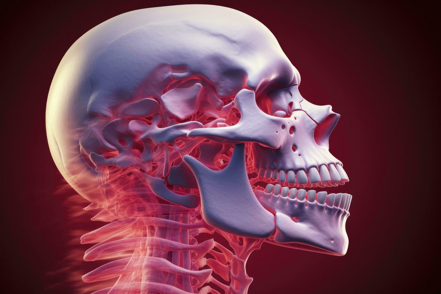 ai genererad mänsklig skelett anatomi med markerad skalle, 3d framställa, medicinsk illustration, 3d medicinsk illustration av en mannens skalle och cervical ryggrad, käke smärta, ai genererad foto