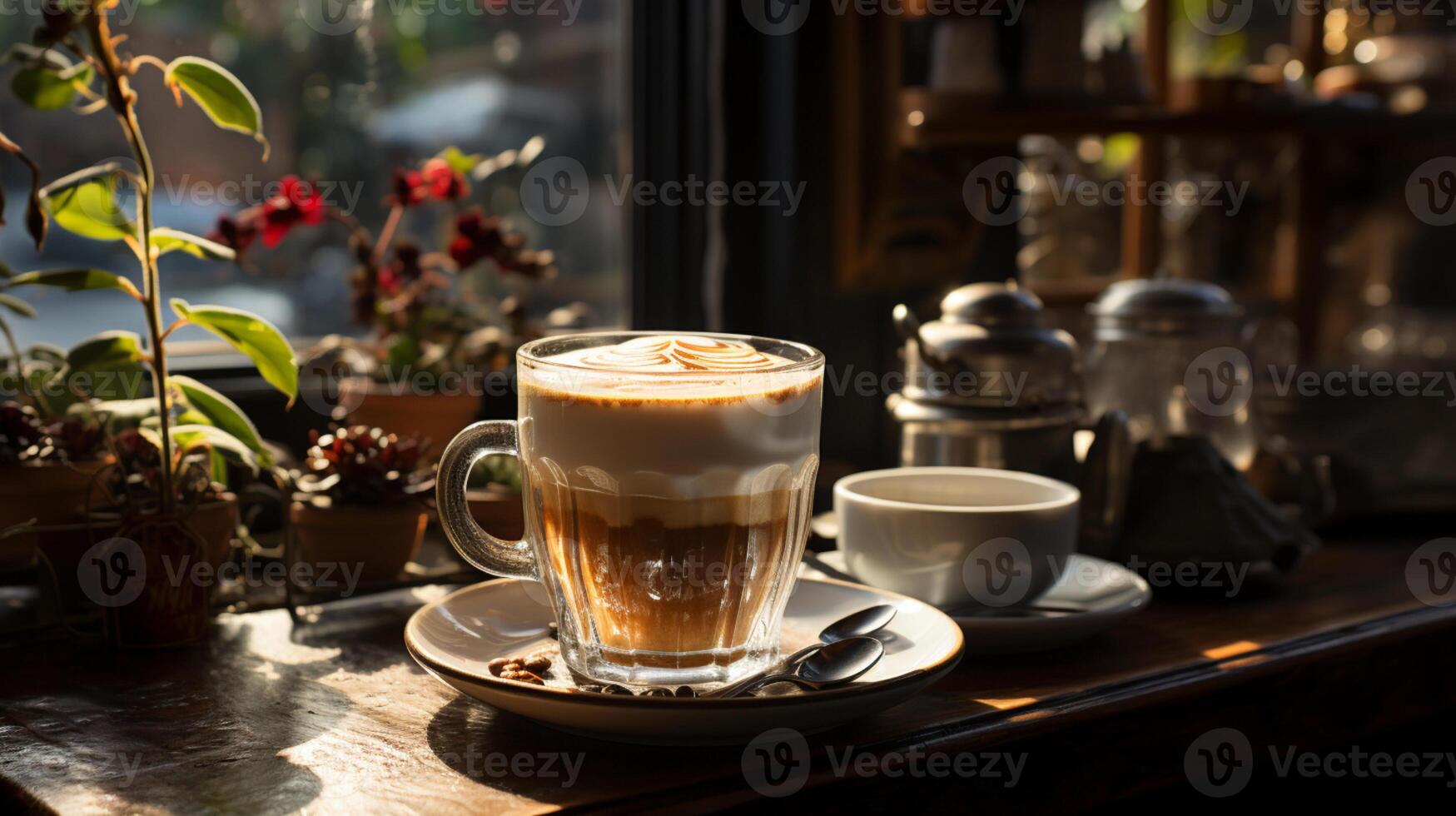 ai genererad morgon- harmoni, perfekt cappuccino och gyllene bönor i de värma ljus av de kaffe maskin. generativ ai, foto