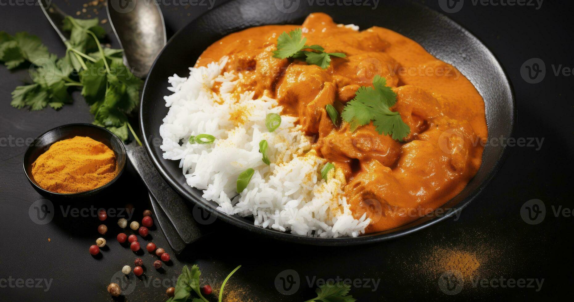 ai genererad de lockande kombination av indisk Smör kyckling curry och basmati ris. traditionell hemlagad mat begrepp foto