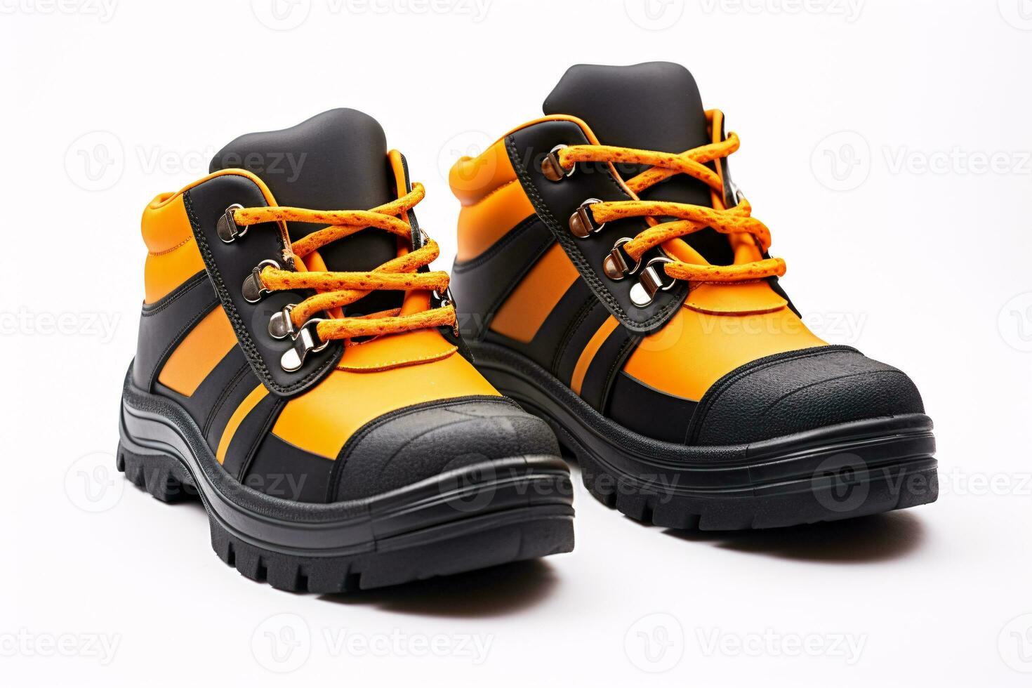 ai genererad par av orange säkerhet läder skor isolerat på vit bakgrund. arbete skor för män i fabrik eller industri till skydda fot från olycka. säkerhet Skodon. olja och syra resistent skor. foto