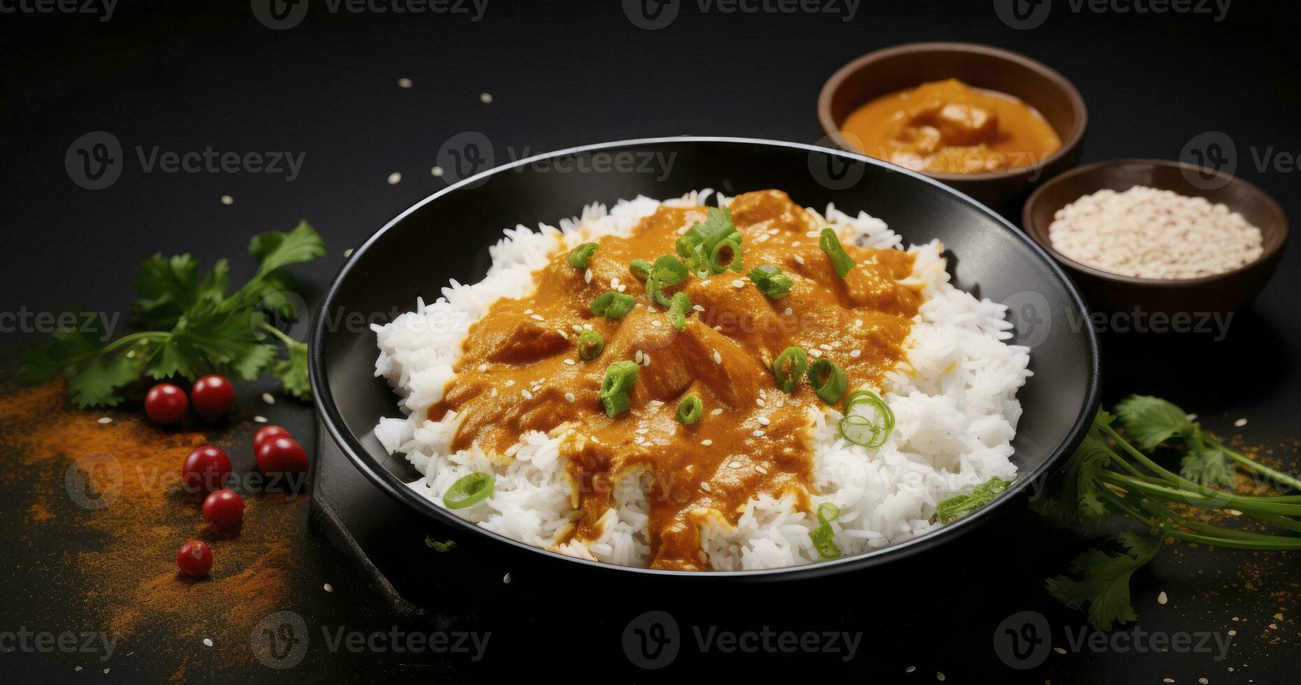 ai genererad njuter de rik smaker av indisk Smör kyckling curry med aromatisk basmati ris. traditionell hemlagad mat begrepp foto