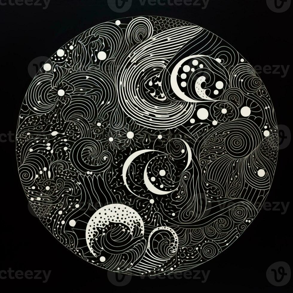 ai genererad abstrakt cirkel med vågig mönster i svart och vit färger. surrealist stil foto