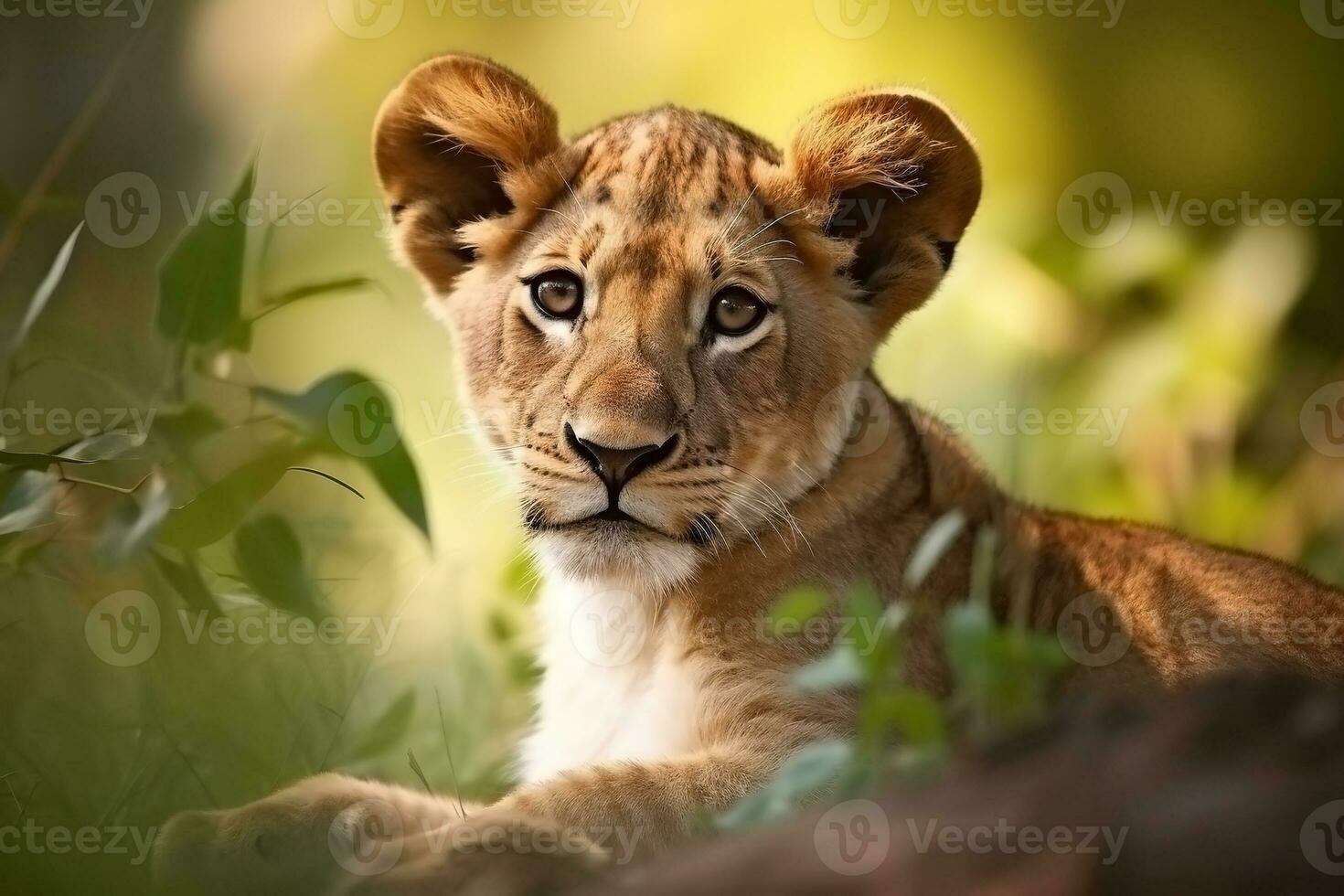 ai genererad lejon Valp i natur på sommar skog bakgrund. närbild djur- porträtt. ai genererad foto