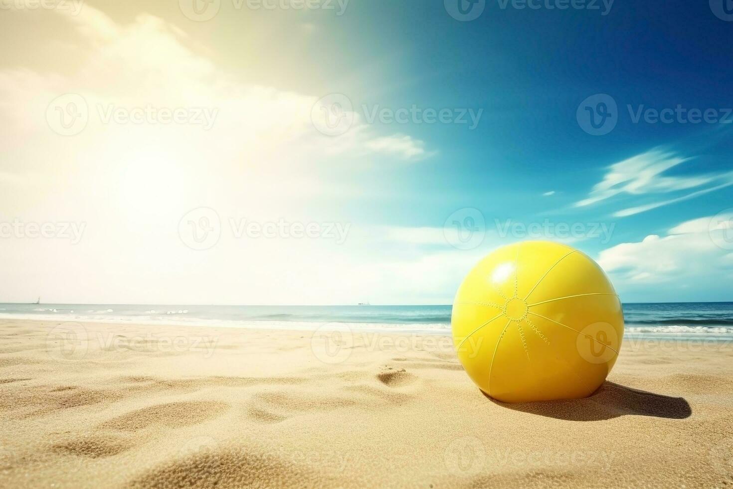 ai genererad uppblåsbar boll på de strand, sommar semester bakgrund. ai genererad foto