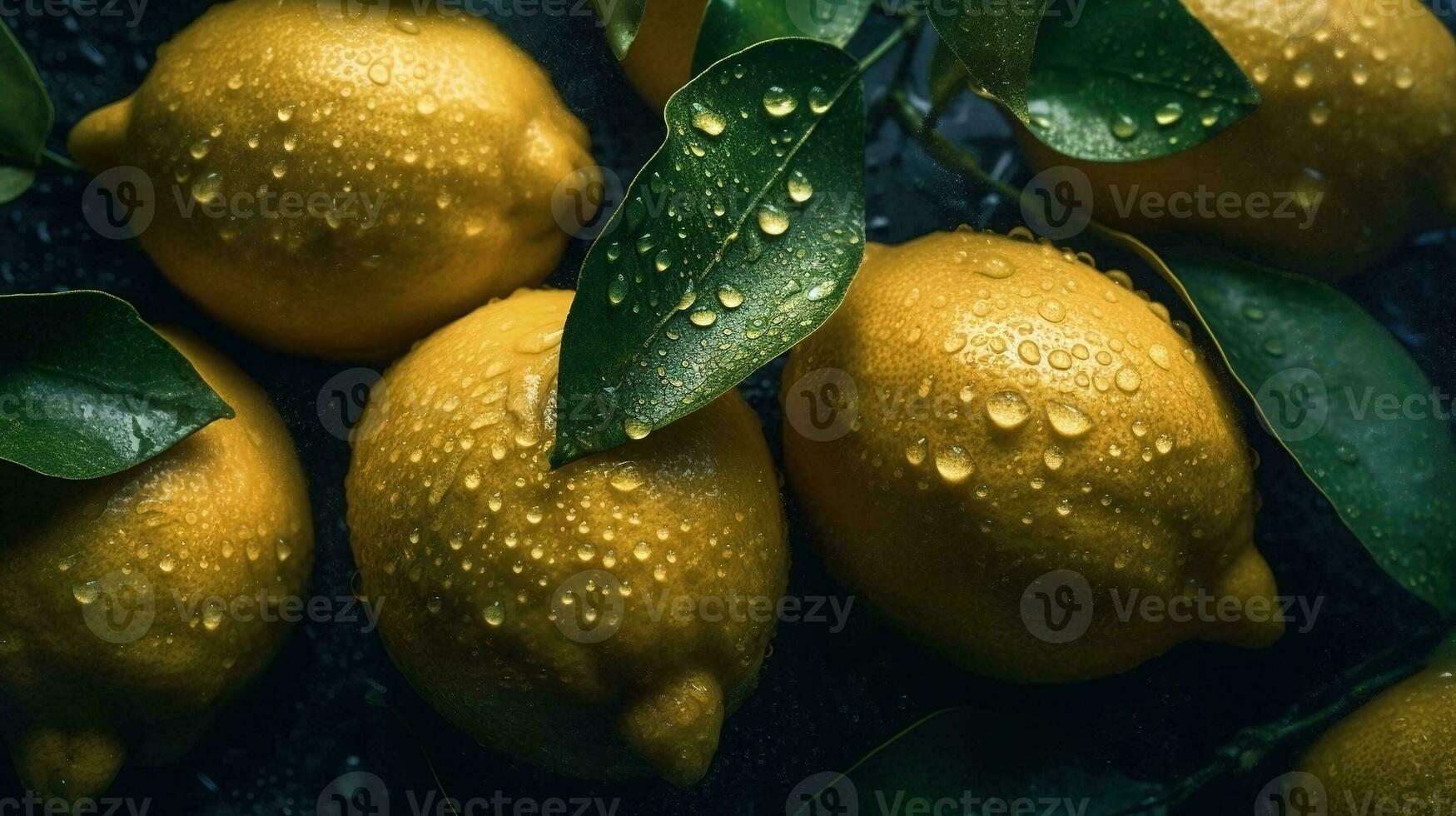ai genererad närbild av citroner med vatten droppar på mörk bakgrund. frukt tapet foto