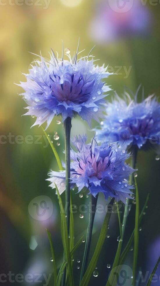 ai genererad blomning blåklint med droppar av vatten närbild bakgrund. ai genererad foto