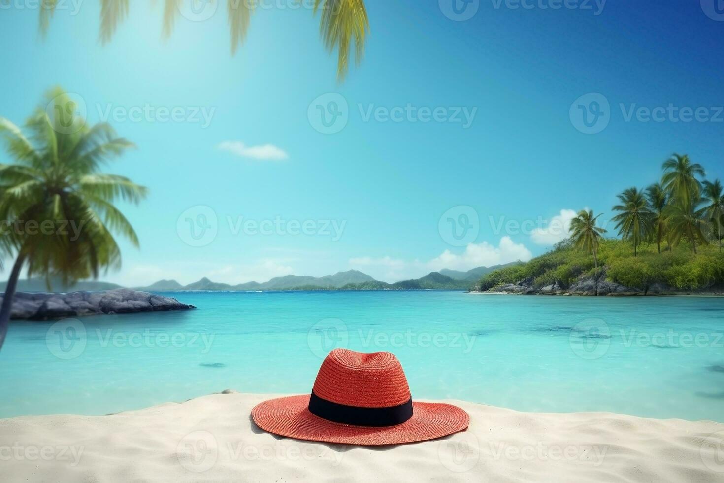 ai genererad sugrör hatt på de strand närbild, sommar bakgrund. ai genererad foto