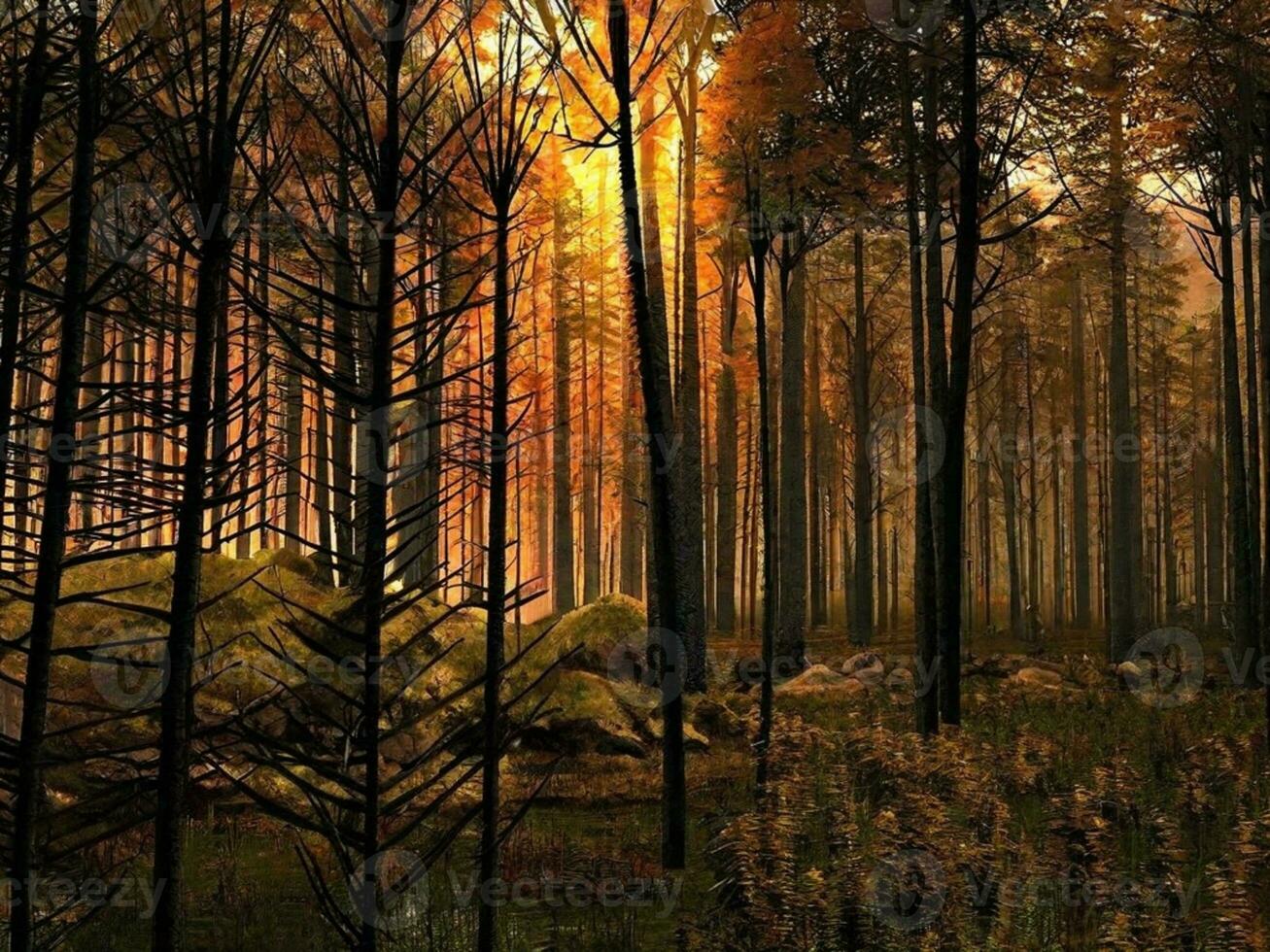 ai genererad solnedgång soluppgång i tall skog. stänga se av mörk svart gran trunkar silhuetter i naturlig solljus av ljus färgrik dramatisk himmel. solsken i solig barr- skog. foto