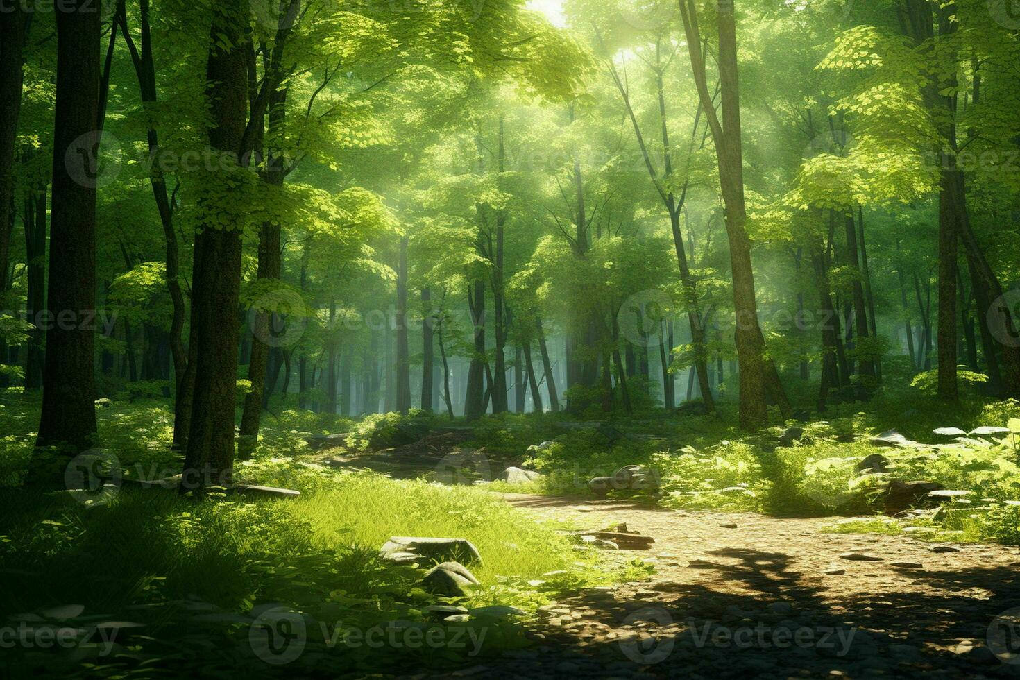 ai genererad en lugn skog glänta med solljus filtrering foto