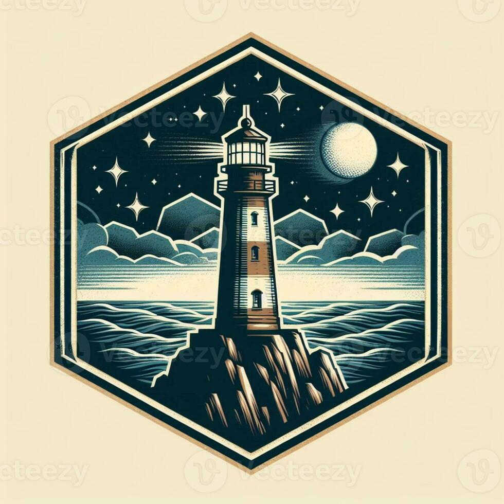 ai genererad illustration av lightouse i natt hav. årgång emblem stil. foto