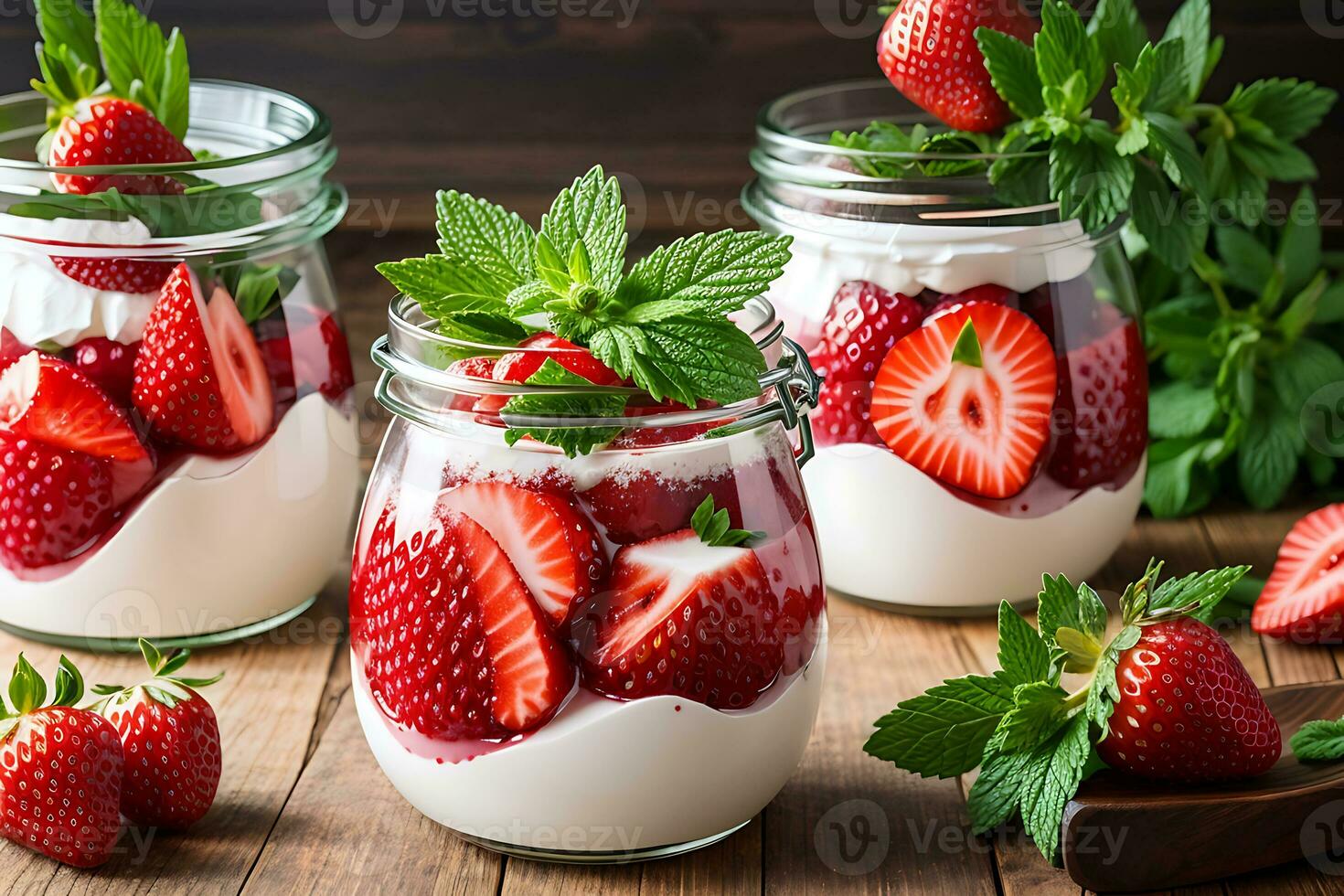 ai genererad panna cotta med jordgubb i en glas burkar dekorerad med färsk bär och mynta. italiensk kök foto