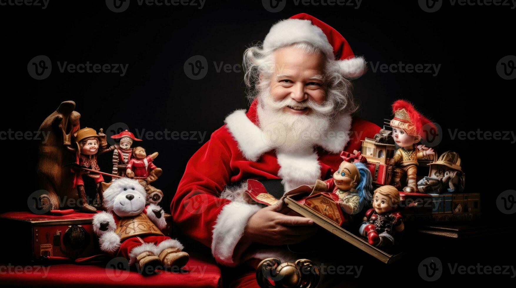 ai genererad santa claus med årgång retro leksaker på bakgrund med kopia Plats foto