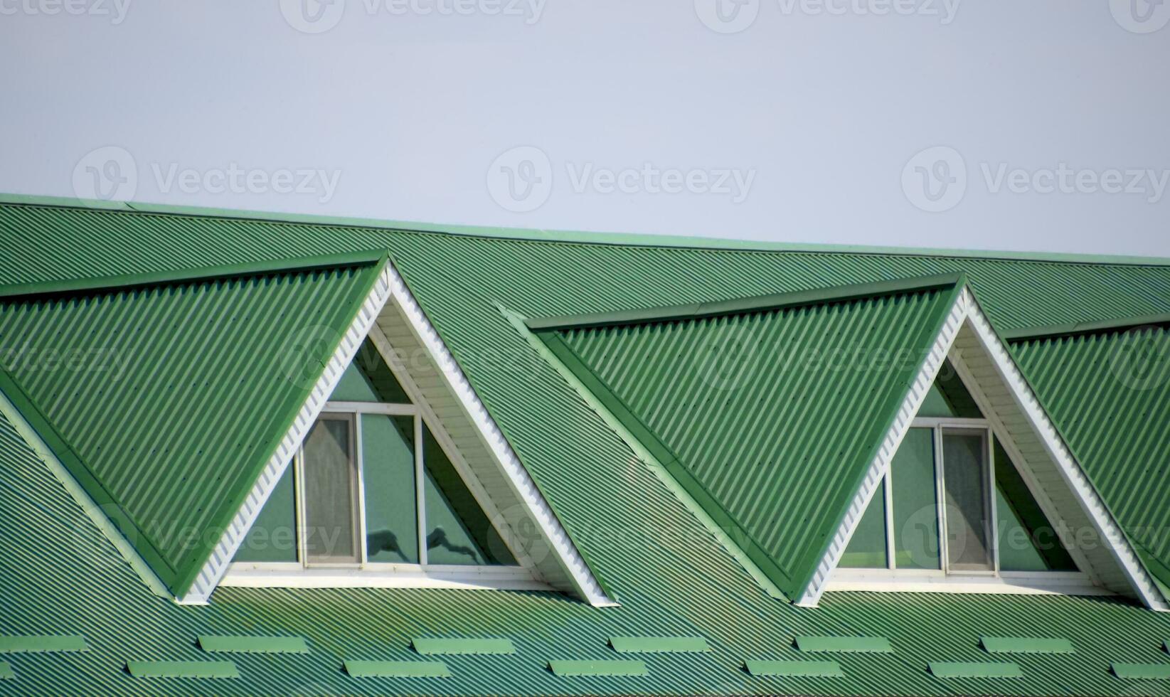 de hus med plast fönster och en grön tak av korrugerad sh foto