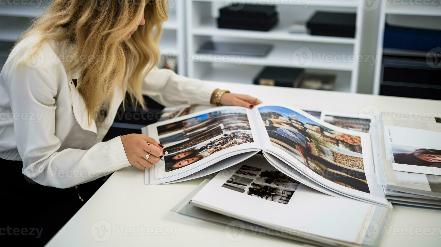 ai genererad ser tillbaka, kvinna modell ser på foton i Foto album, collage av de över