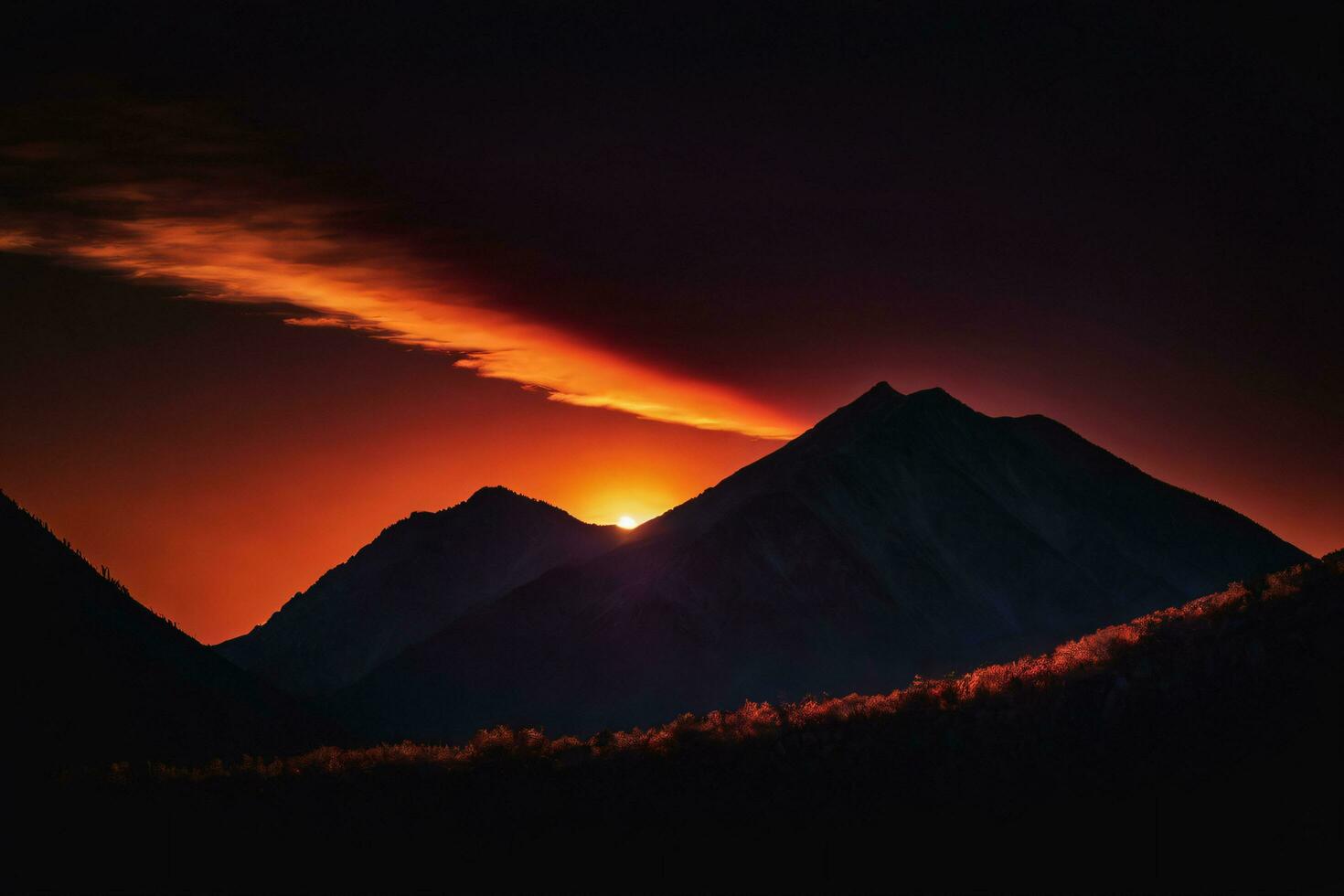 ai genererad berg toppar silhouetted mot eldig solnedgång foto