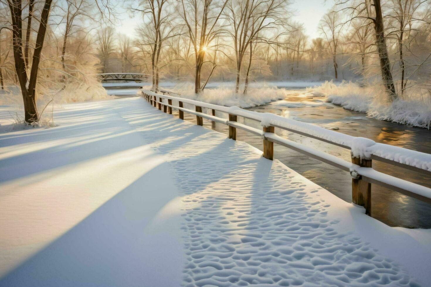 ai genererad solljus gjutning skuggor på snö täckt bro foto