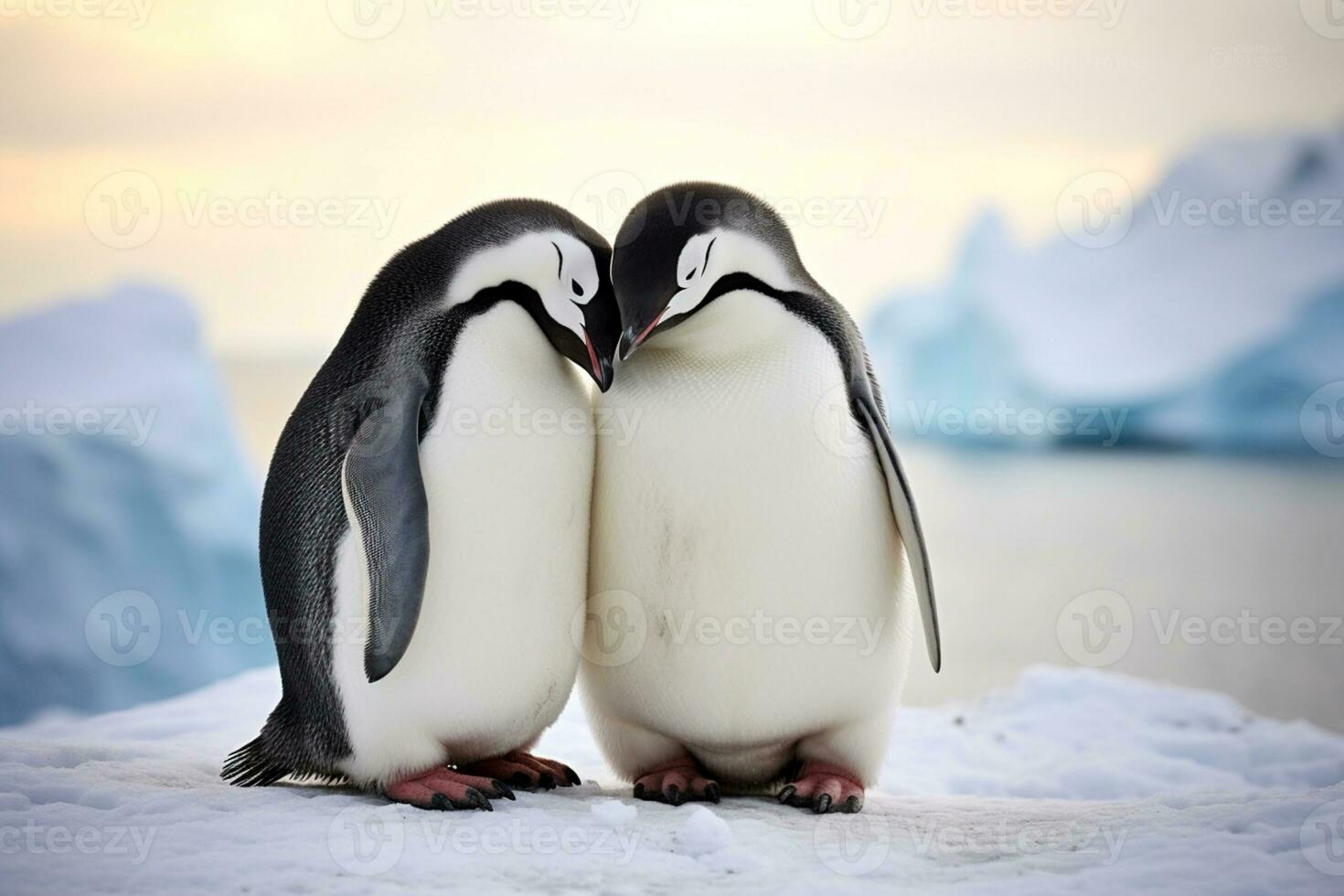 ai genererad två pingviner munstycke i snöig och isig bakgrund. som visar känslor av kärlek, vård, och Stöd. idealisk för vilda djur och växter, valentines dag, och romantisk hjärtvärmande innehåll. ai genererad foto