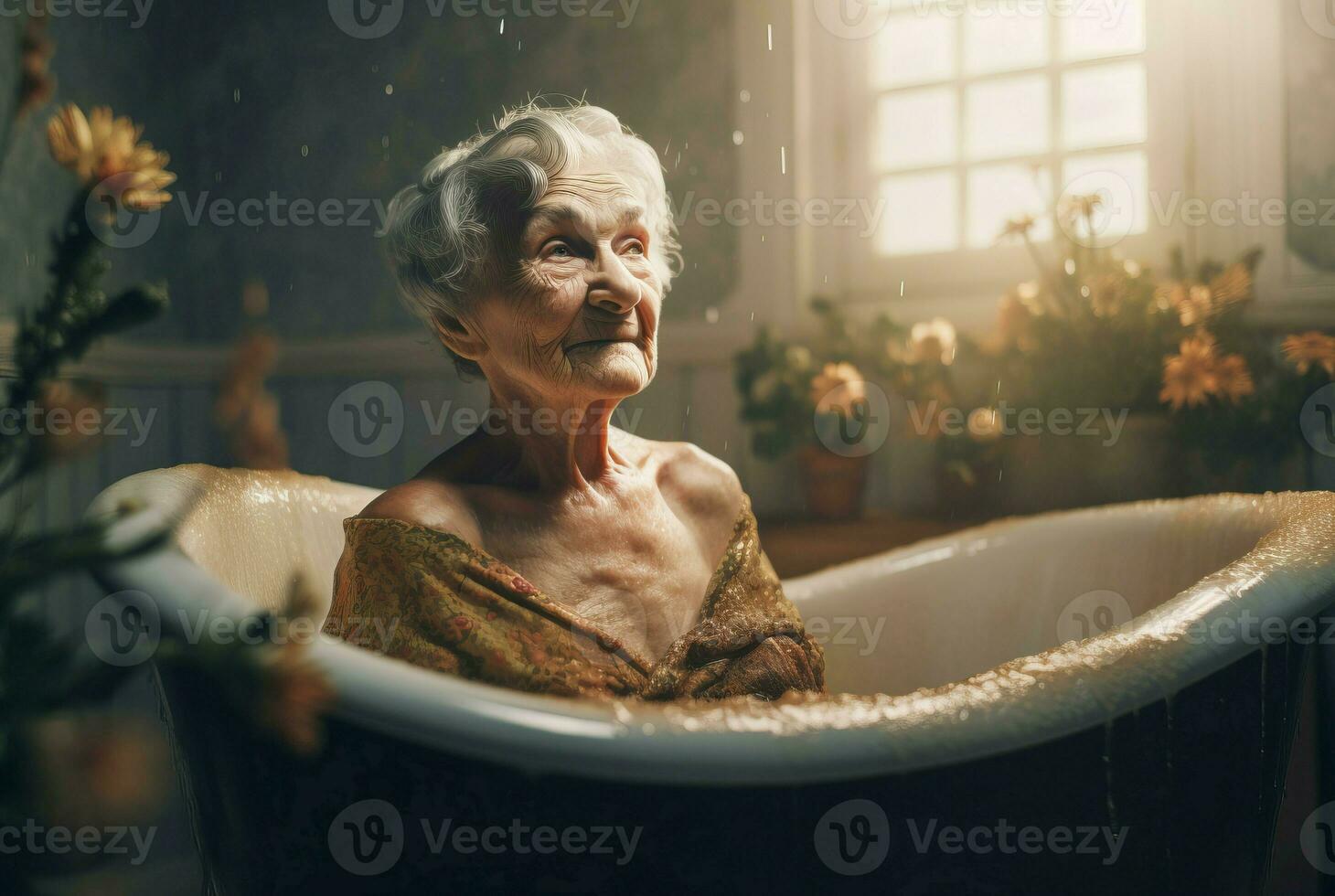 ai genererad äldre lady njuter bad. generera ai foto