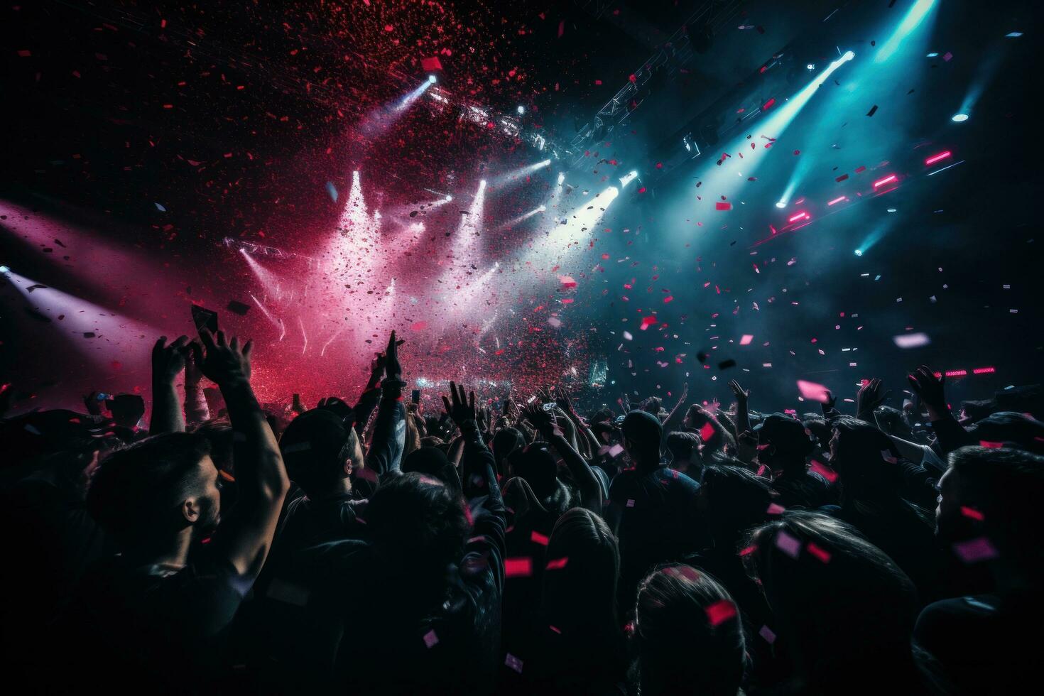 ai genererad konfetti falls över ett publik på en nattklubb, foto