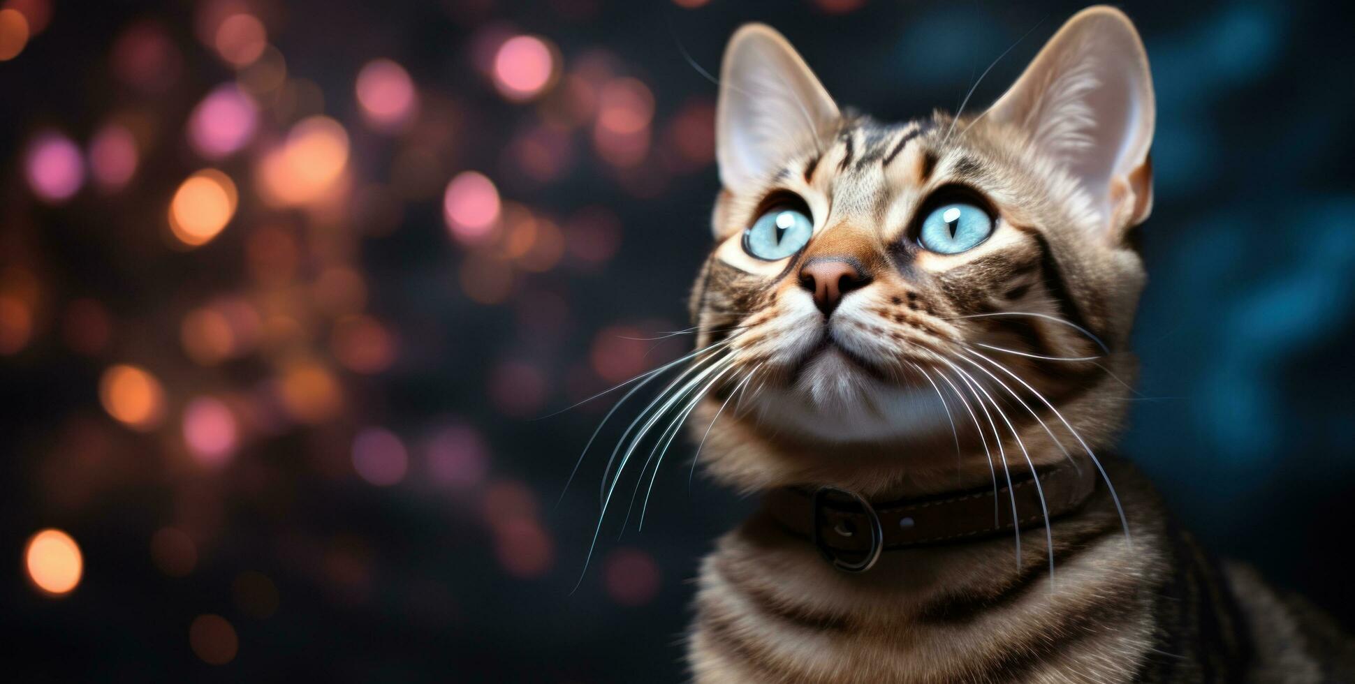 ai genererad bengal tabby katt med blå ögon ser upp, foto