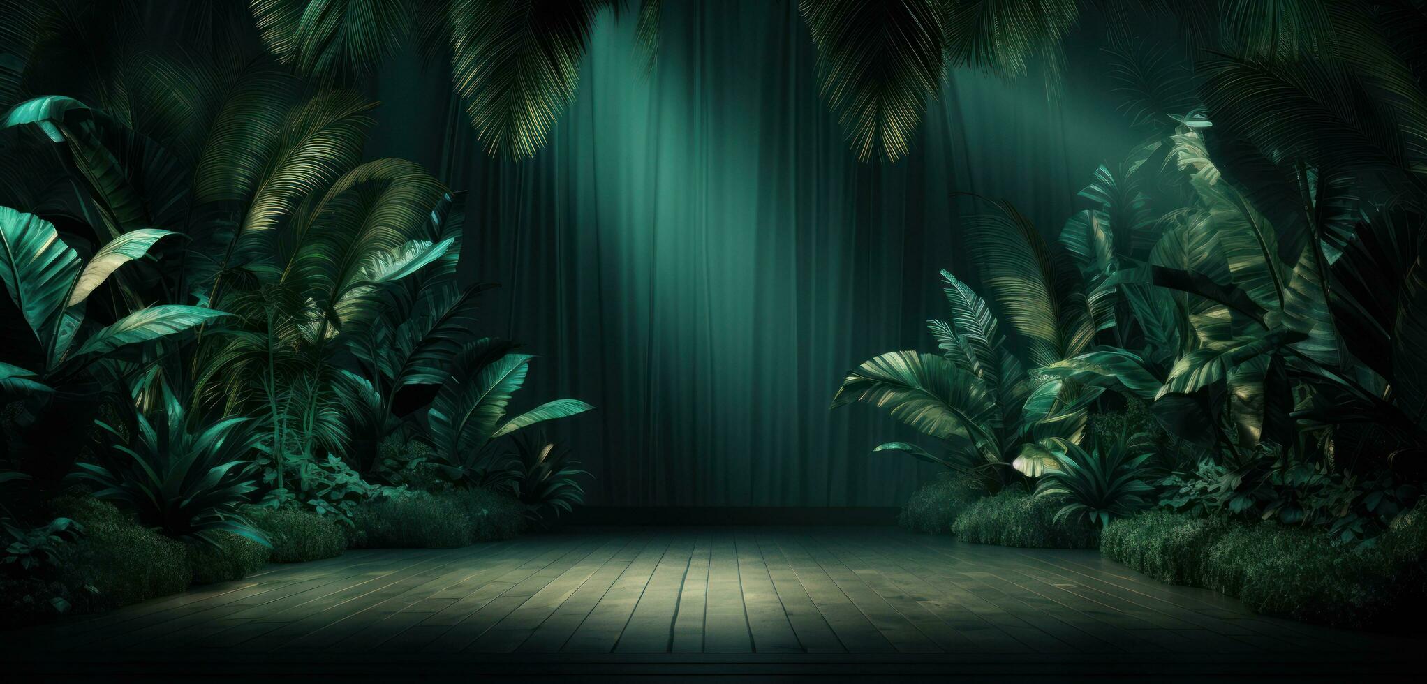 ai genererad en mörk rum dekorerad med palmer och löv, foto