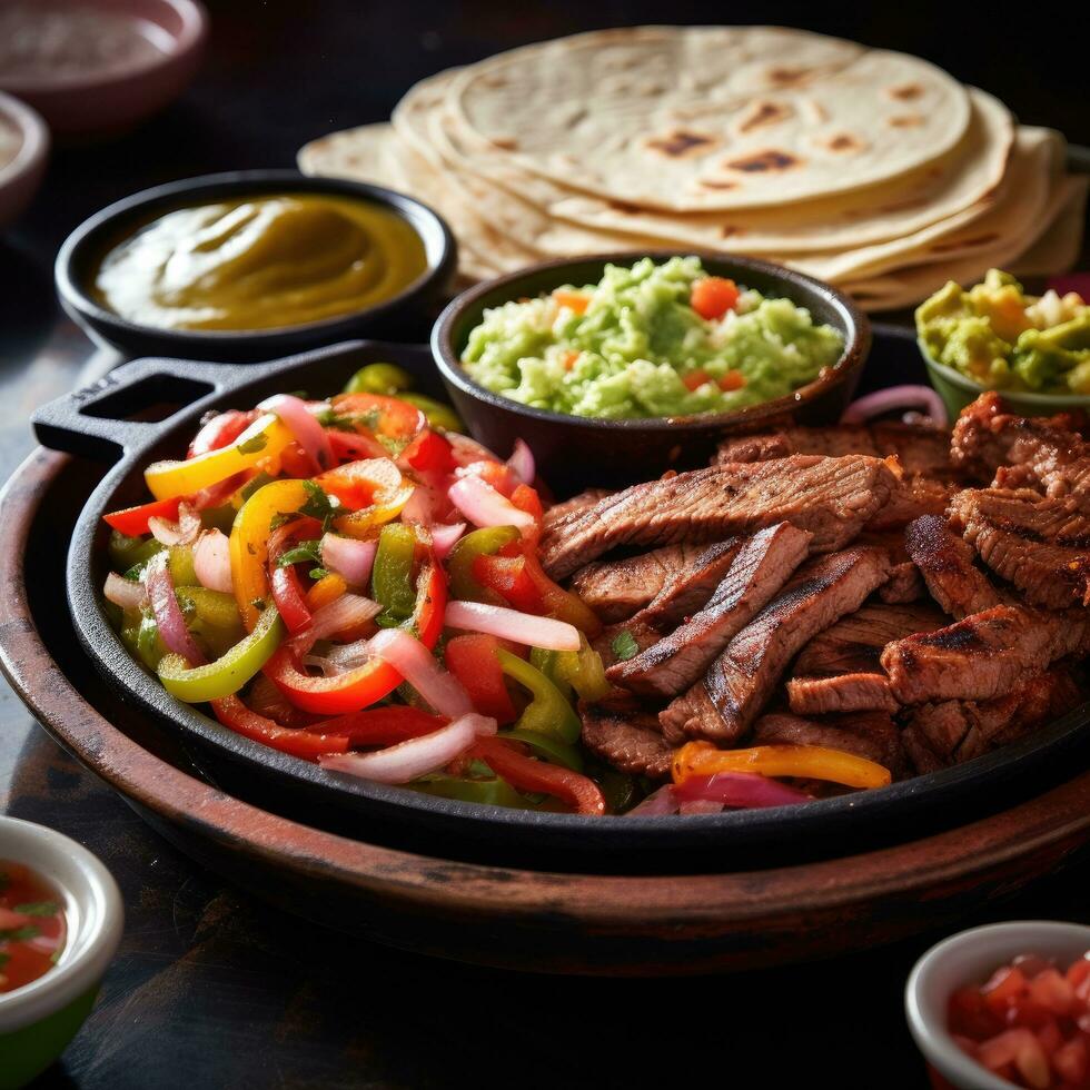 ai genererad ett aptitlig Foto av en fräsande tallrik av fajitas, eras med värma tortillas, färsk pico de gallo