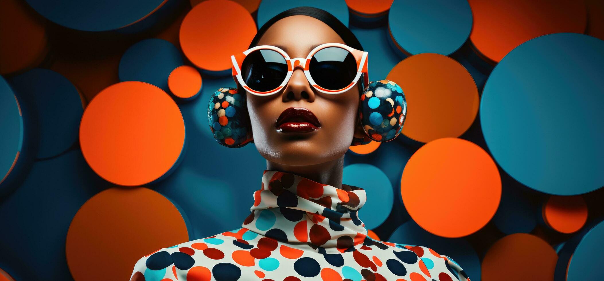 ai genererad en kvinna i polka punkt utrusta, solglasögon, och blå cirkel bakgrund foto