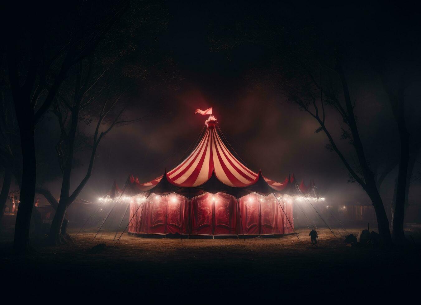 ai genererad en cirkus tält på natt med en röd tält mot vit bakgrund foto