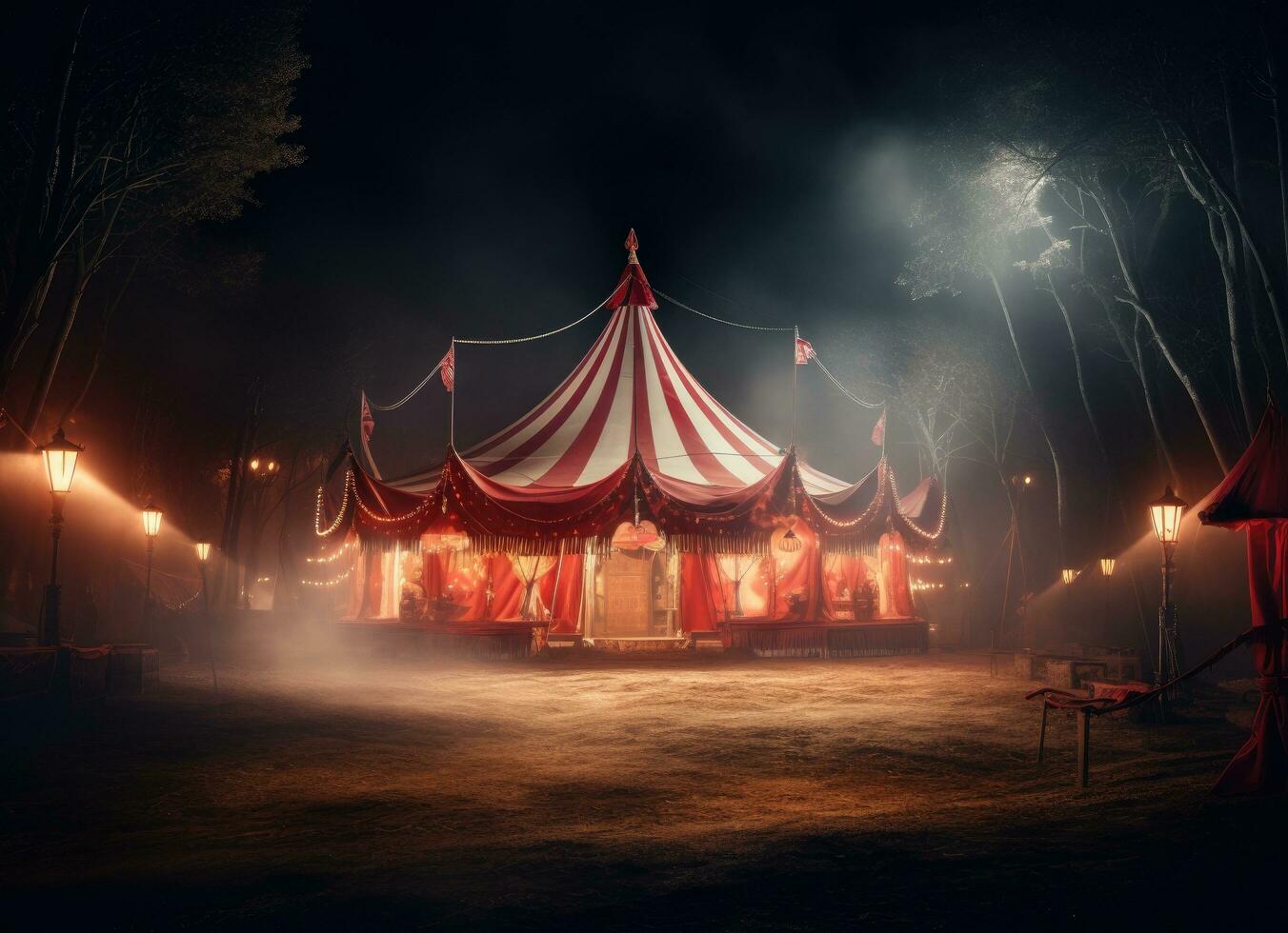 ai genererad en cirkus tält på natt med en röd tält mot vit bakgrund foto