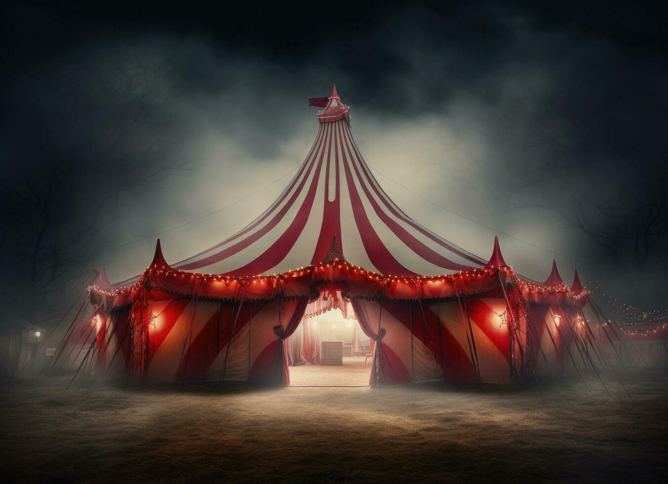 ai genererad en cirkus tält på natt med en röd tält mot vit bakgrund foto