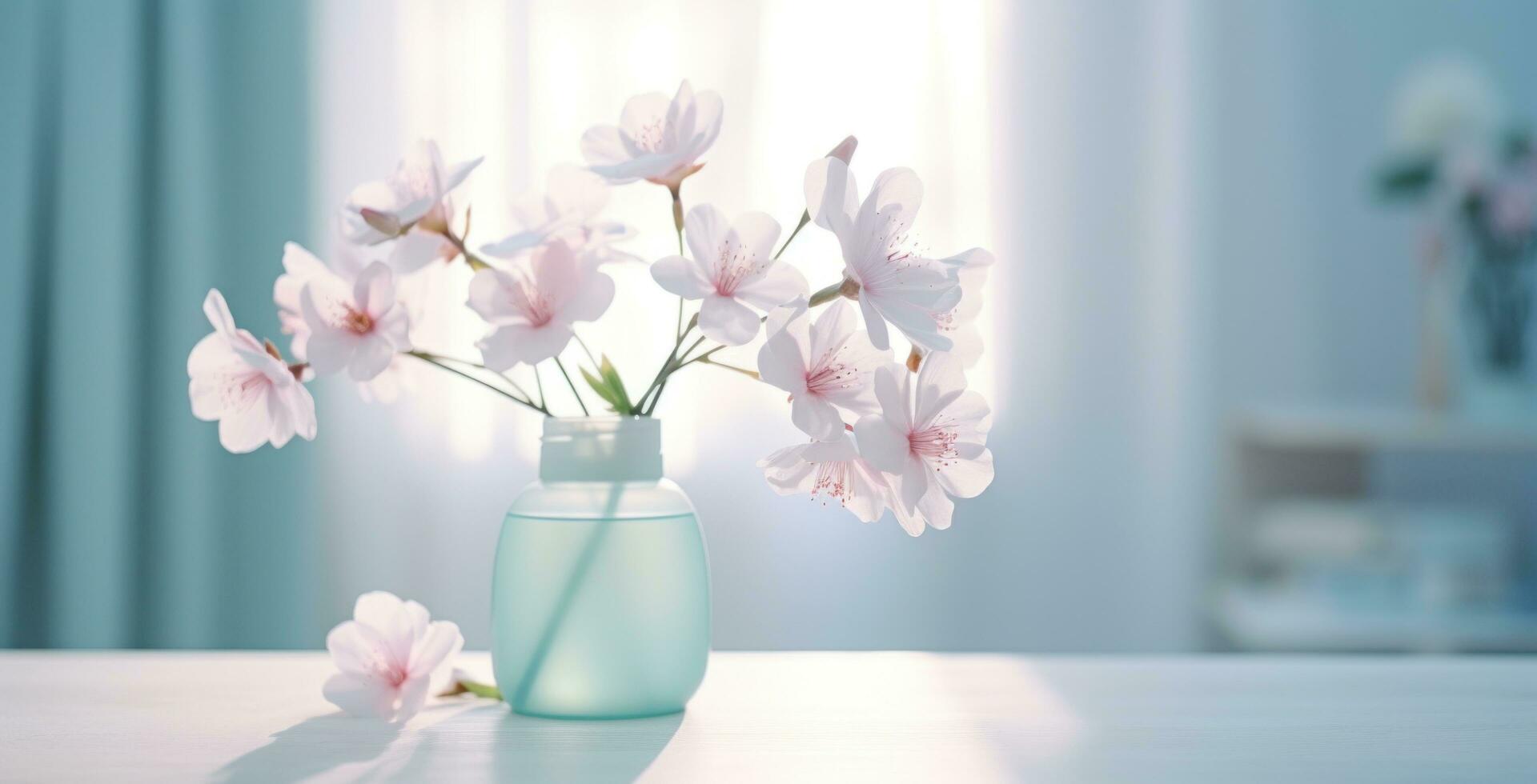 ai genererad rosa blommor i vas på skrivbord av kontor foto