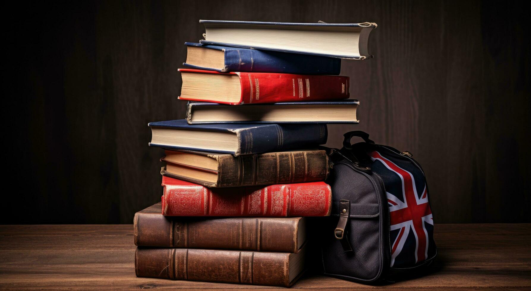 ai genererad ett gammal brittiskt ryggsäck dekorerad med de brittiskt flagga sitter på topp av en stack av böcker foto