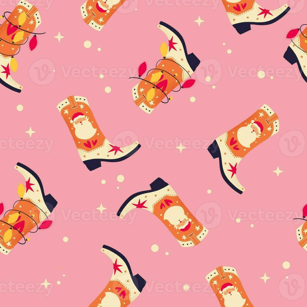 jul cowboy stövlar med santa claus och jul lampor på rosa bakgrund, sömlös mönster. söt festlig vinter- Semester illustration. ljus färgrik design. foto