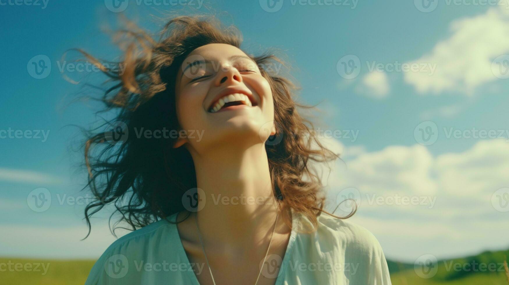ai genererad lugna Lycklig leende kvinna med stängd ögon på de fält. fri, fred, skön ögonblick begrepp foto