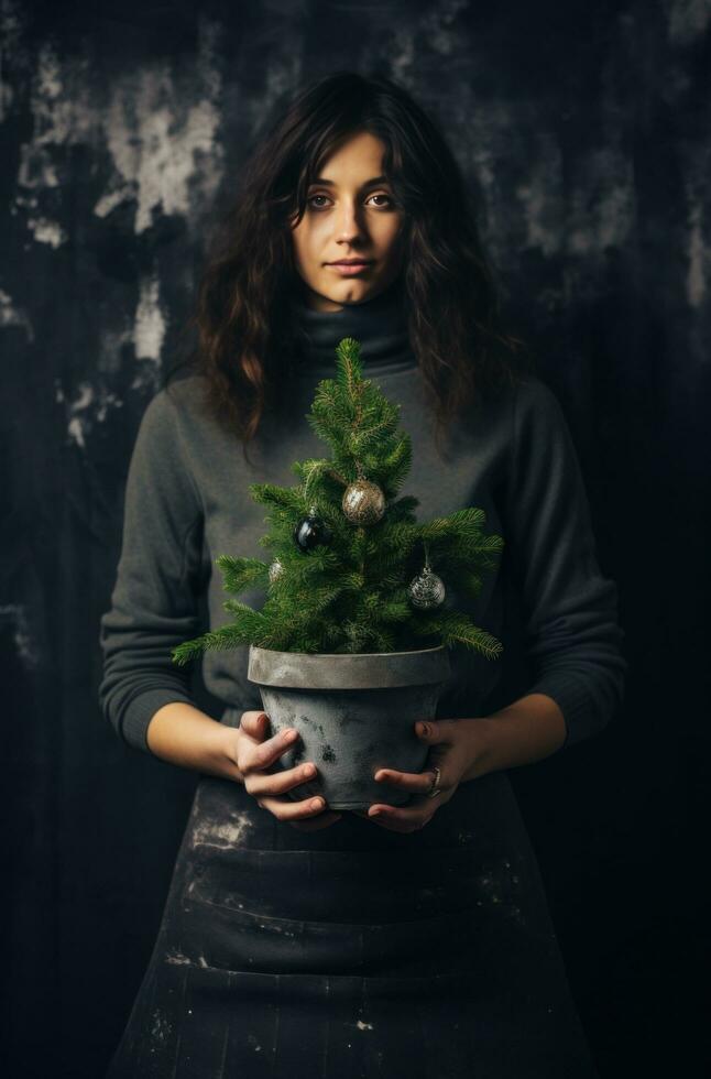 ai genererad en ung lady är innehav en små pott av jul träd foto