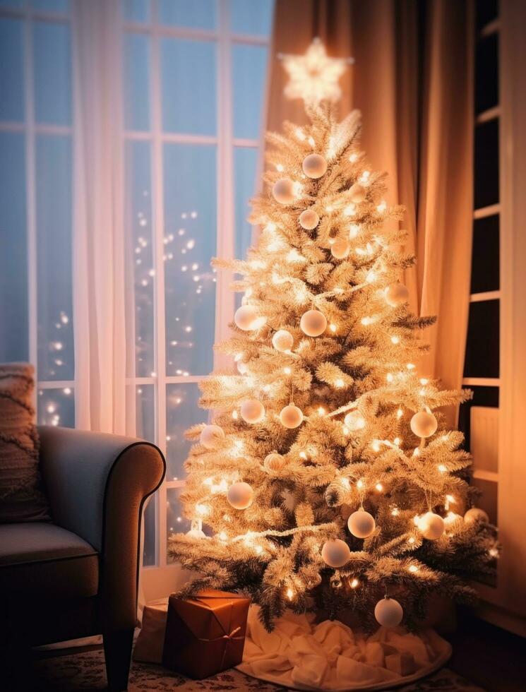 ai genererad en vit, beige, och brun jul träd foto