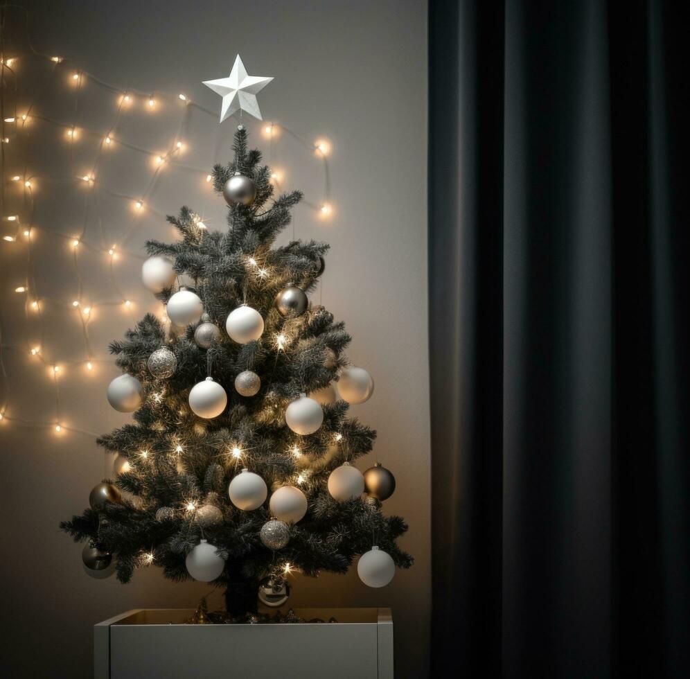 ai genererad en små grå och vit jul träd med ornament foto