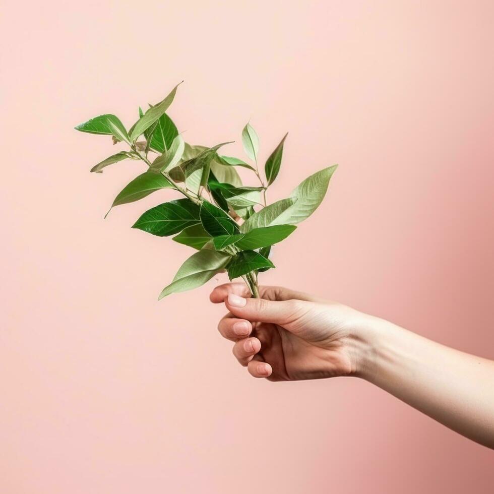 ai genererad en hand innehav en grön växt på en rosa bakgrund foto