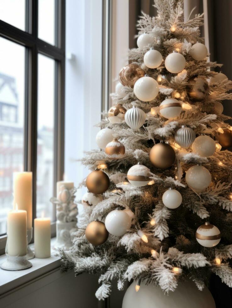 ai genererad en skön jul träd är dekorerad med vit ornament foto