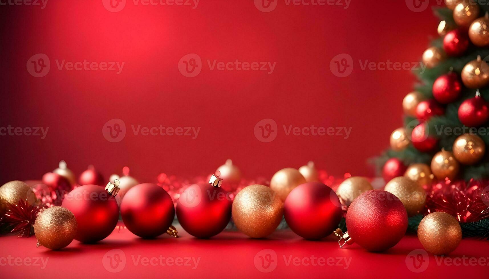 ai genererad röd jul Färg bakgrund med krans och jul bollar ai genererad foto