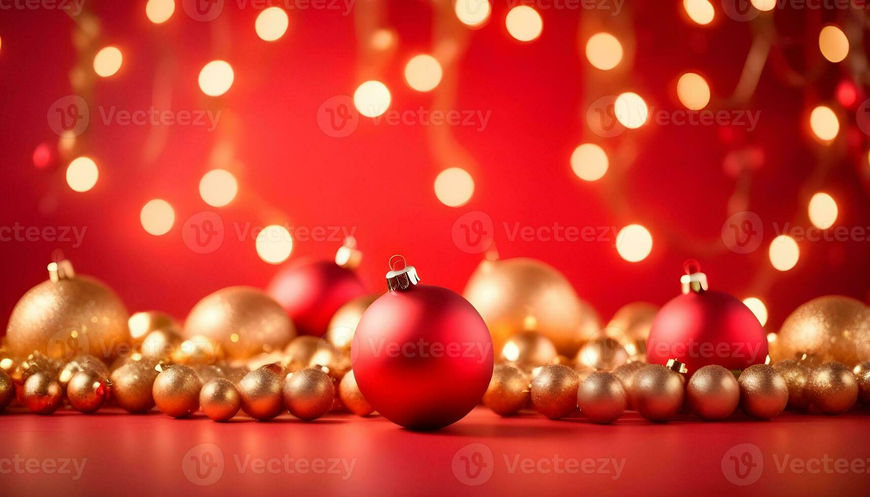ai genererad röd jul Färg bakgrund med krans och jul bollar ai genererad foto