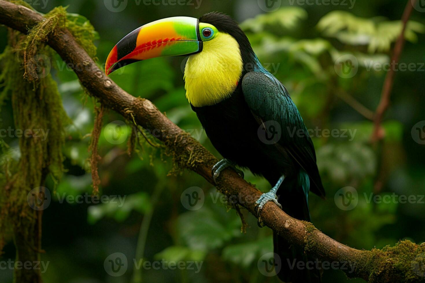 ai genererad vibrerande köl faktureras toucan mitt i panamas rik vegetation en fängslande vilda djur och växter scen ai genererad foto