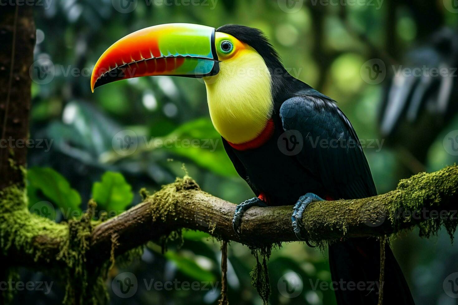 ai genererad köl faktureras toucan uppflugen på en skog gren i panamas frodig grönska ai genererad foto