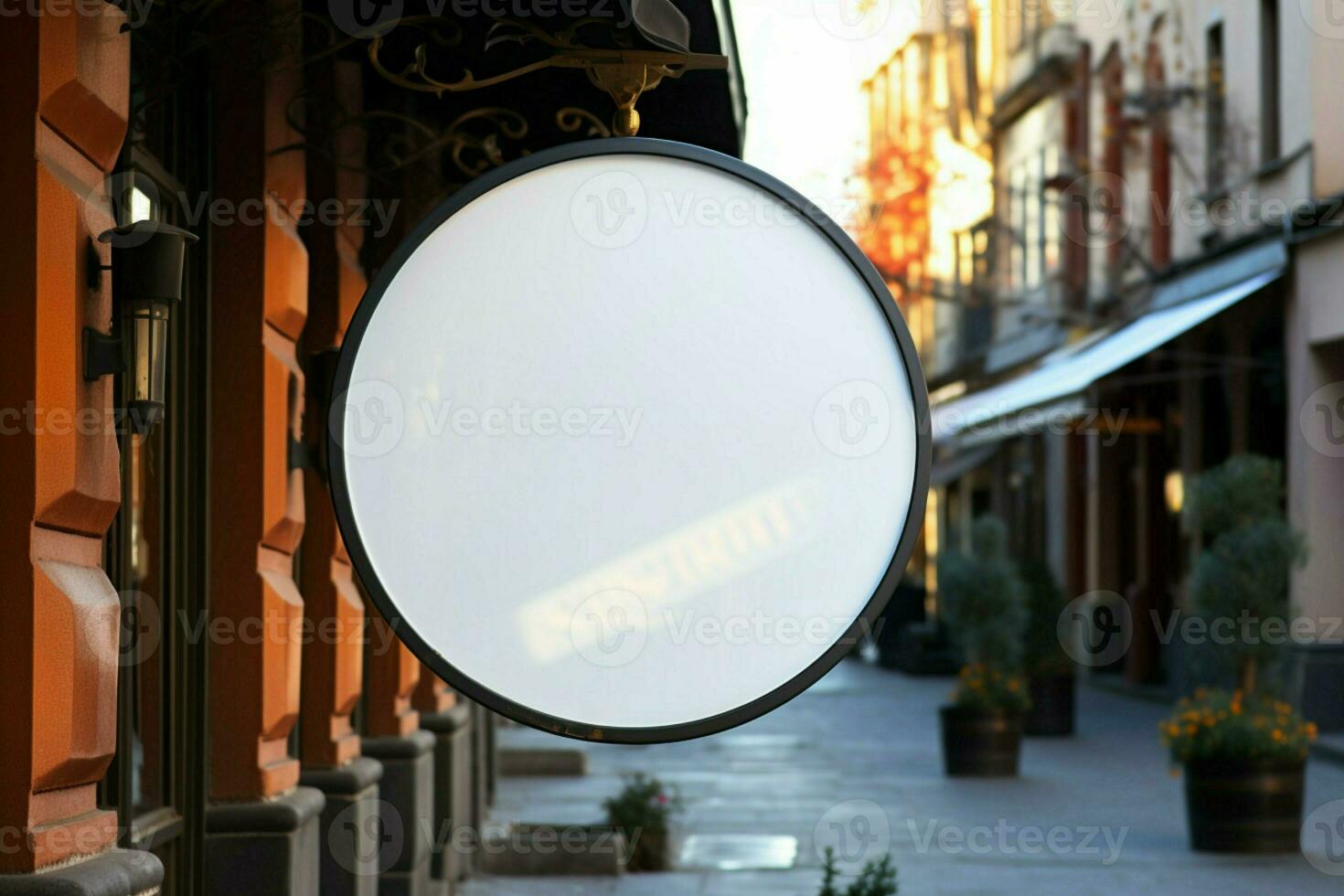 ai genererad företag branding i fokus med en runda vit tecken attrapp i en Land stad ai genererad foto