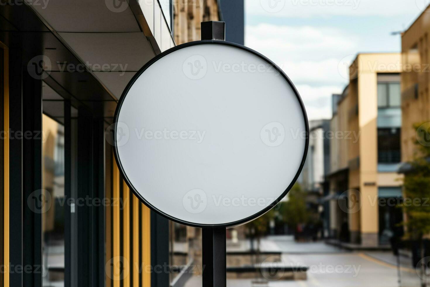 ai genererad företag branding i fokus med en runda vit tecken attrapp i en Land stad ai genererad foto