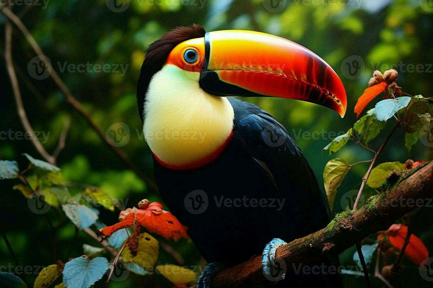 ai genererad köl faktureras toucan uppflugen på en skog gren i panamas frodig grönska ai genererad foto